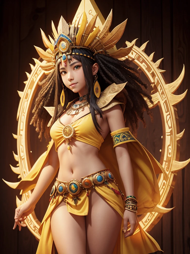 1 teenage girl. Beautiful teenage girl. 14 years old. Beautiful tribe girl. White skin. Powerful shaman. Indonesian Hogwarts. Shaman student. shaman tribe hat. Black hair. Yellow sexy transparent shaman suit no pants. No bra. No underwear. Yellow shaman cloak. Flat chest. Holding the yellow orbz. Yellow topaz large necklace. Yellow shaman room. Beautiful teen face. Standing pose. Shaman statue. Yellow temple. Shamanic logo on the wall. Smile.