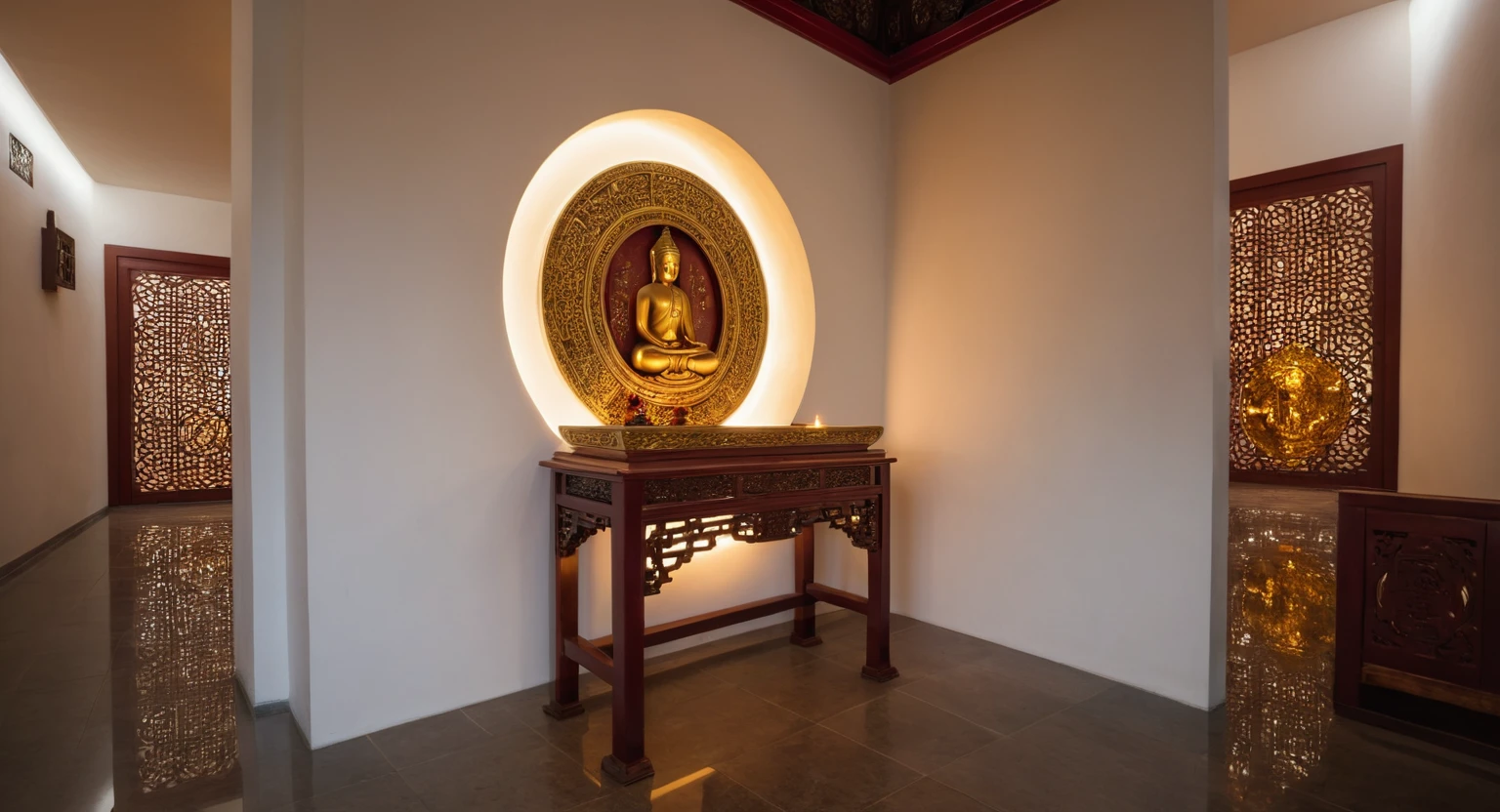 (masterpiece:1.2), (best quality,:1.2), 8k, HDR, ultra detailed, ((photorealistic)), professional light, cinematic lighting, fashion photography, ambient lighting, atmospheric effects, a round altar in the middle of a small temple with CHINESE BUDDHIST on it, epiCPhoto, ((white wall :1.3))