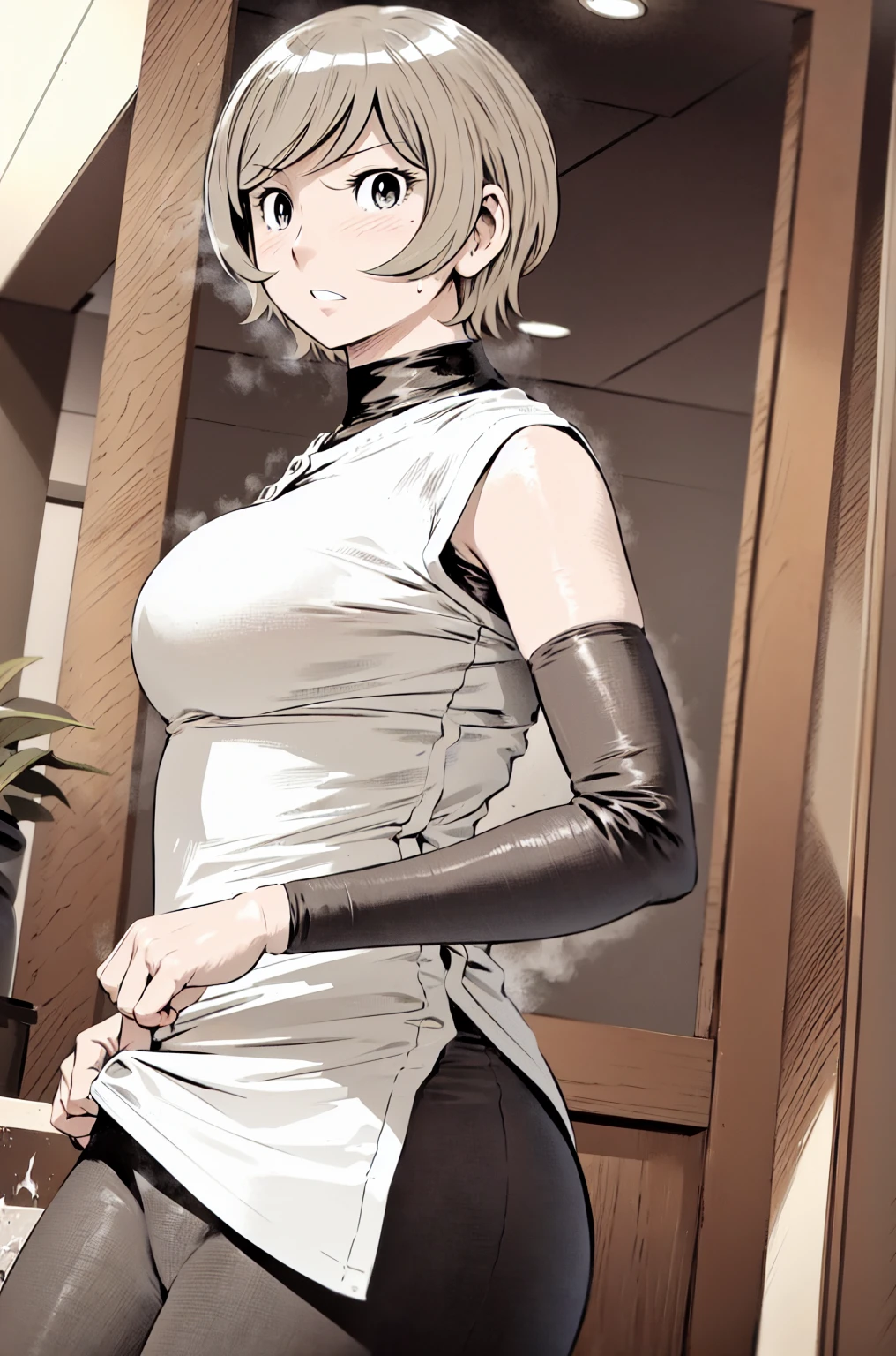score_9, score_8_up, score_7_up, cowboy shot, solo, 1girl, defEko, brown hair, short hair, bob cut, broken horn, demon horns, purple eyes, alley, on road, half-closed eyes, looking at viewer, hands behind back, side cutout, sideboob, turtleneck, shirt overhang, breast curtain, skirt lift, pubic hair