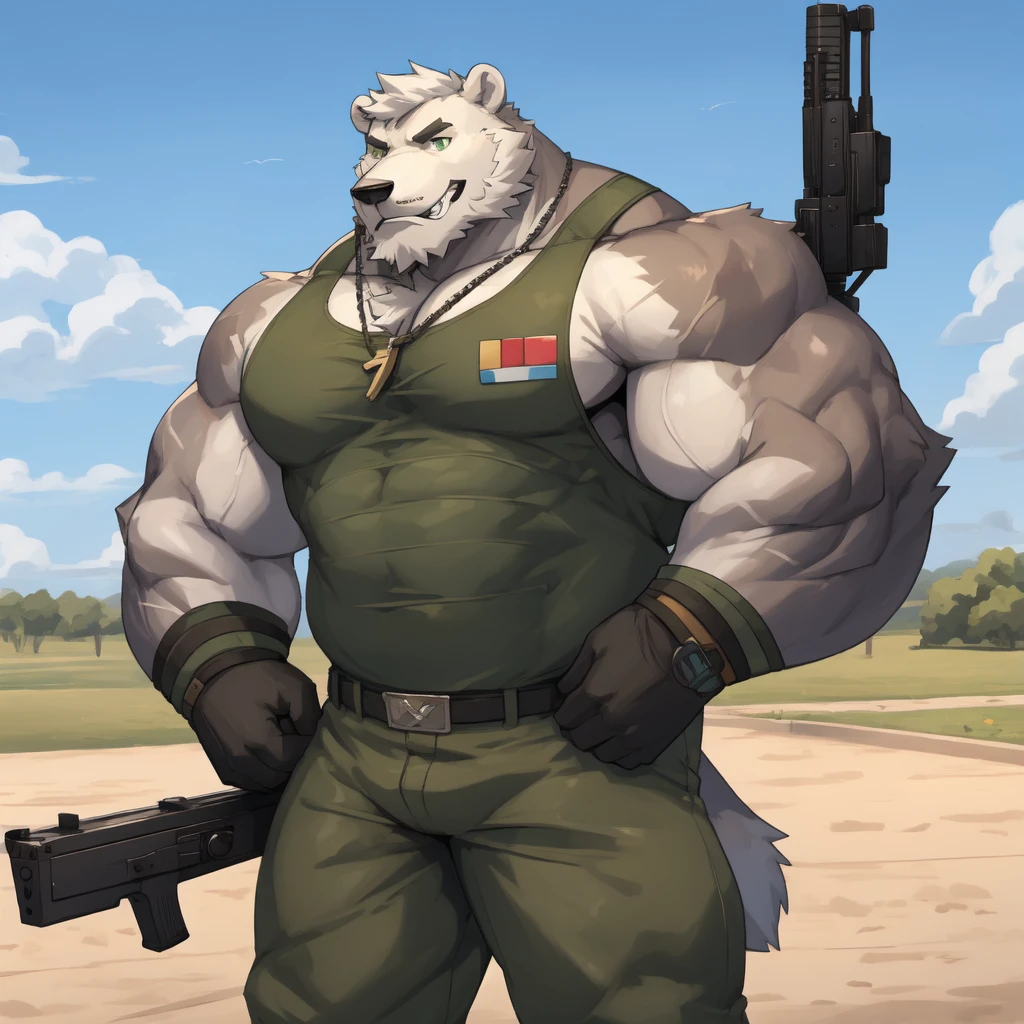 solo, 1boy, Huge Muscular White Polar Bear wearing glasses, huge white fur, pectoral, huge pectoral, wide pectoral, short white hair, green army tank top, green military pants, black wristbands and army boots, bearded, white Mustache, white fur, tooth necklace, military training ground background, masterpiece, high detailed, 8k, high resolution, at the training academy, gun shooting range practice