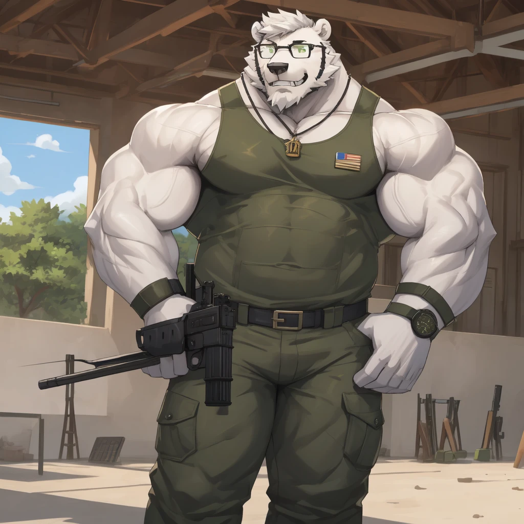 solo, 1boy, Huge Muscular White Polar Bear wearing glasses, huge white fur, pectoral, huge pectoral, wide pectoral, short white hair, green army tank top, green military pants, black wristbands and army boots, bearded, white Mustache, white fur, tooth necklace, military training ground background, masterpiece, high detailed, 8k, high resolution, at the training academy, gun shooting range practice