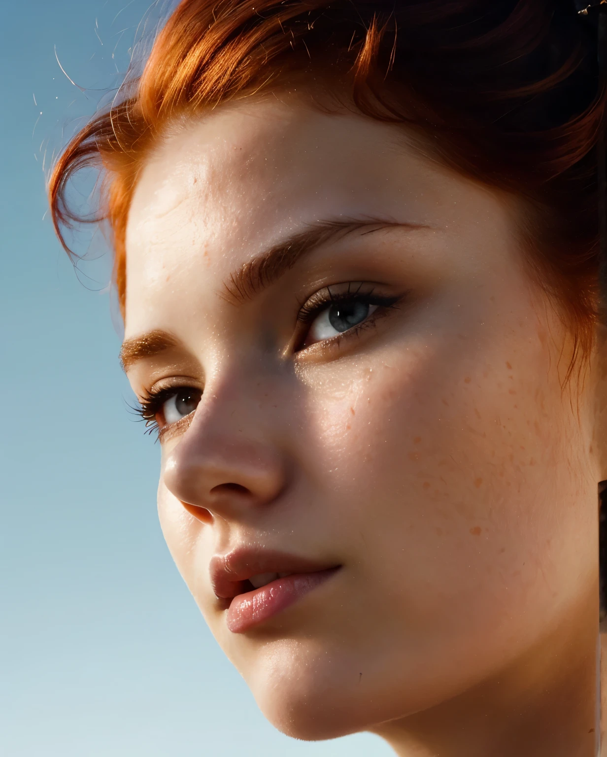 Face close-up,close your eyes,Beautiful redhead girl with short hair,Dark Theme, Sky Background, Clear skin