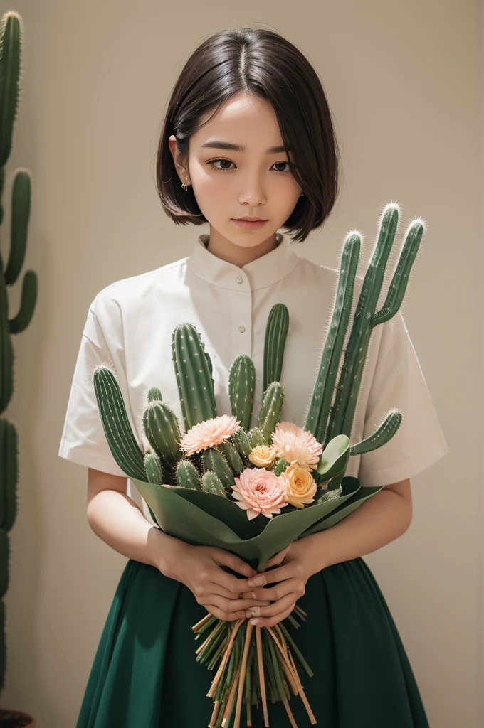 a person holding a bouquet of cactuses 