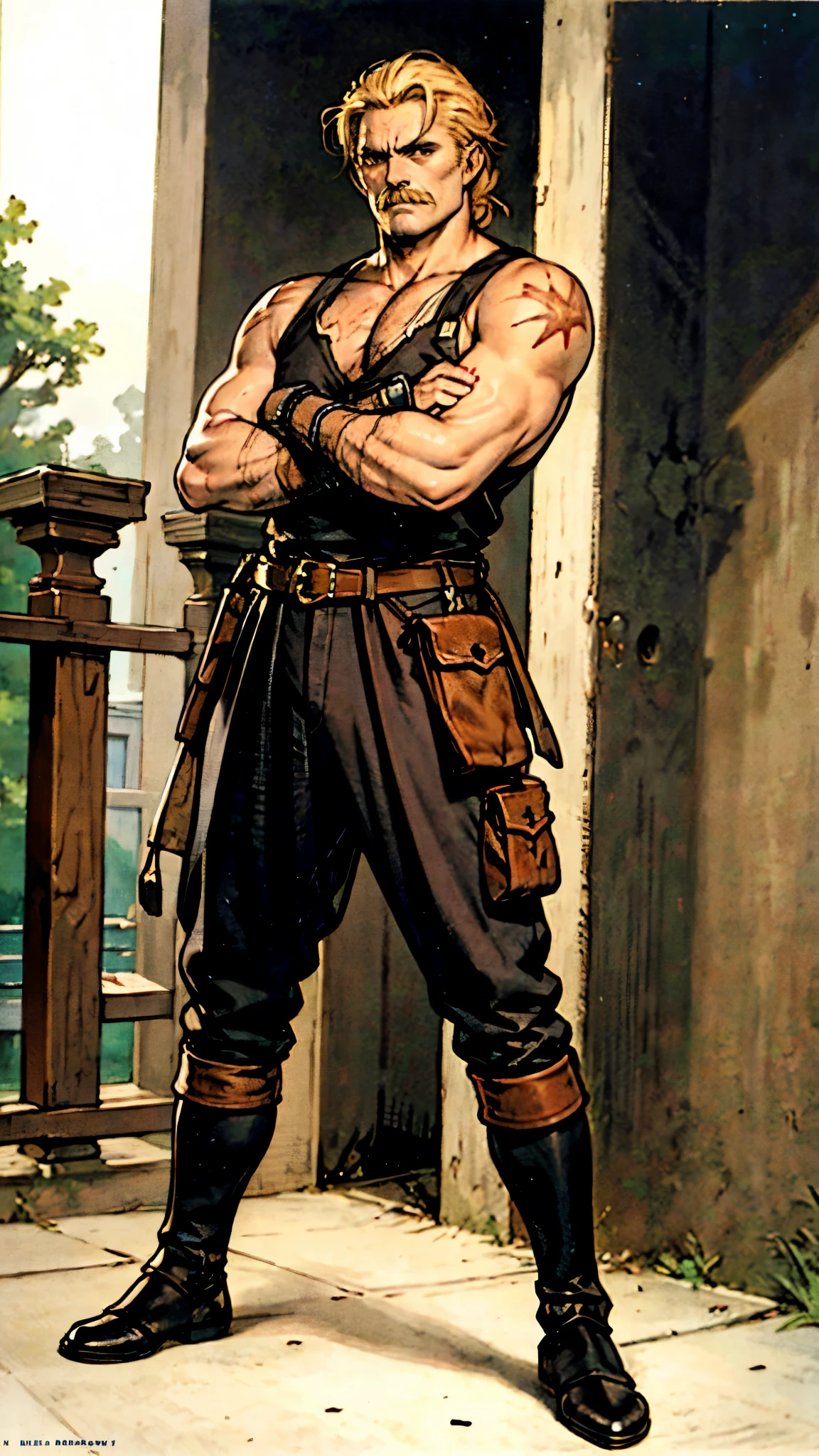 (masterpiece:1.2, best quality, extremely delicate, perspective, foreshortening, dynamic angle), a middle-aged man with slicked-back golden hair, a dignified face, deep eyes, a mustache on his upper lip, a focused expression, tall and muscular, covered in scars, fantasy-reality style warrior leather armor, ribbons tied around his arms, black iron bracers, dark cargo pants, standing guard in front of a fortress gate, this character embodies a finely crafted fantasy-realist style warrior in anime style, exquisite and mature manga art style, dramatic, high definition, highres, ultra-detailed, ultra-fine painting, professional, perfect body proportions, golden ratio, anatomically correct, symmetrical face, extremely detailed eyes and face, high quality eyes, creativity, RAW photo, UHD, 32k, Natural light, cinematic lighting, masterpiece-anatomy-perfect