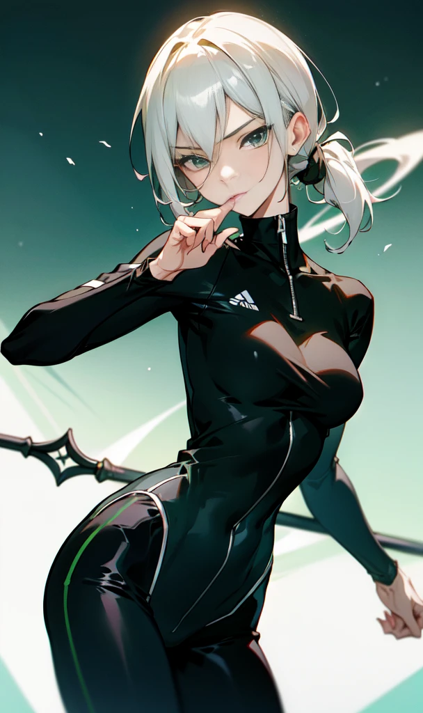 40 year old milf woman with slender body wearing a black training outfit while with a calm expression light green eyes holding a spear,anime styling