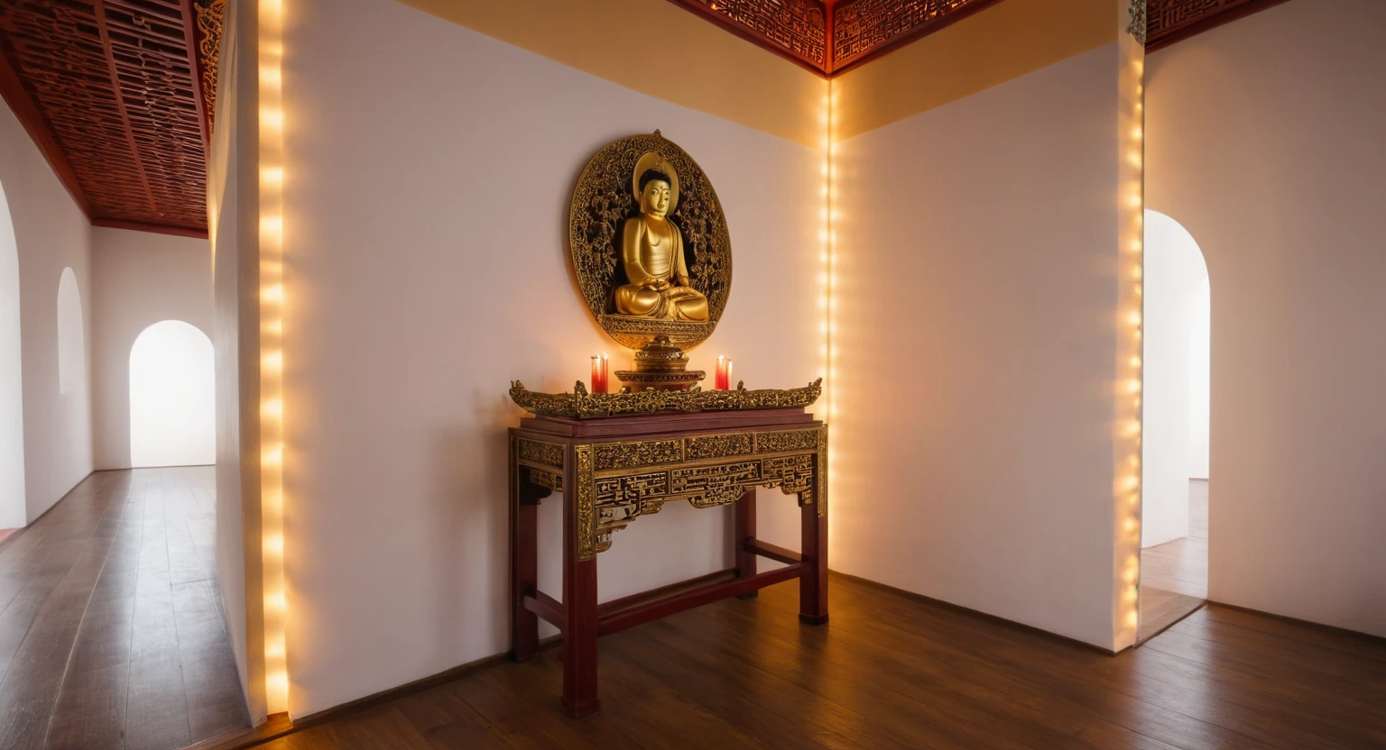 (masterpiece:1.2), (best quality,:1.2), 8k, HDR, ultra detailed, ((photorealistic)), professional light, cinematic lighting, fashion photography, ambient lighting, atmospheric effects, a round altar in the middle of a small temple with CHINESE BUDDHIST on it, epiCPhoto, ((white wall :1.3))