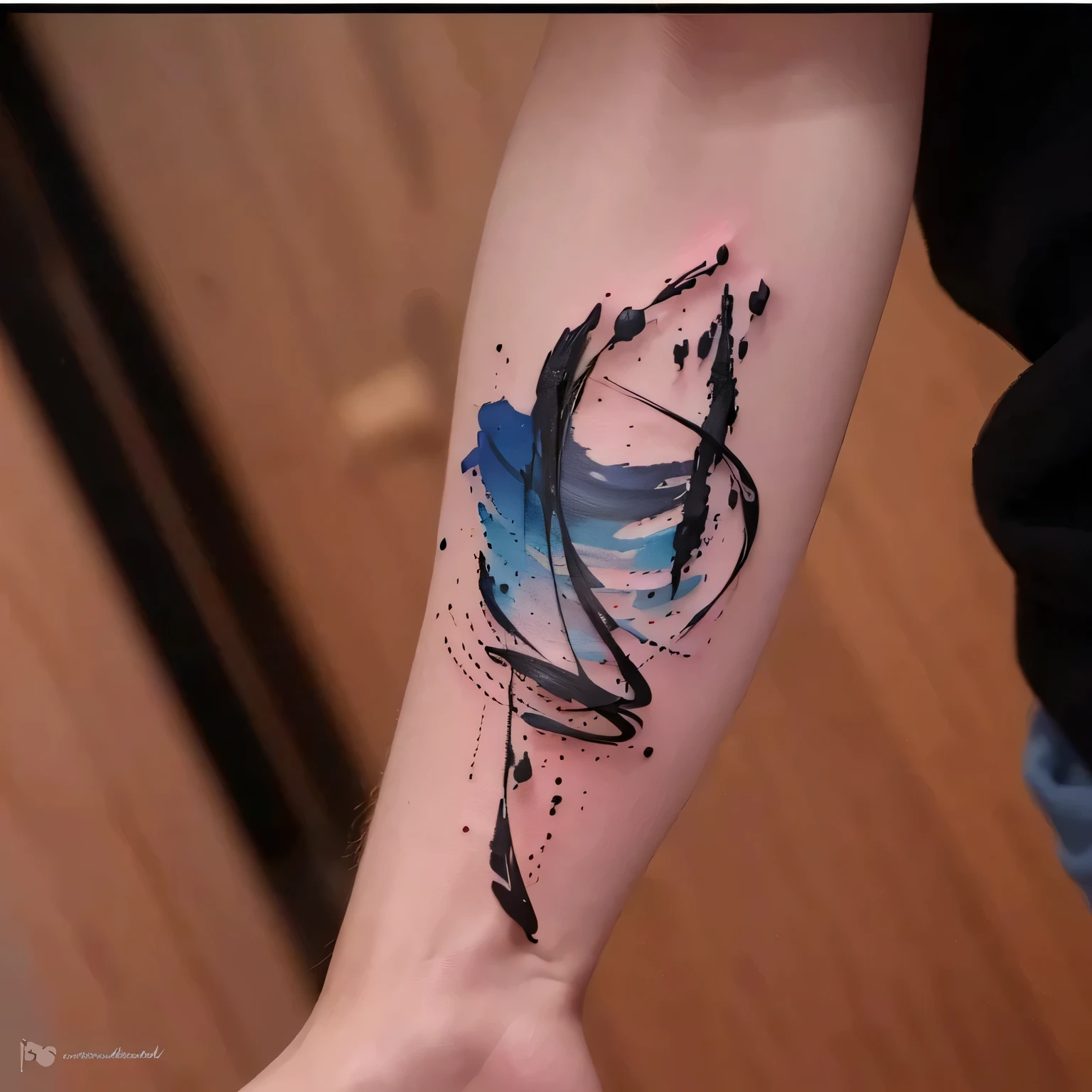 Close-up of an abstract ink tattoo on a person&#39;s arm, author：Tom Wänerstrand, author：Adam Centpetry, author Niko Henrichon, by Sebastian Spren, author：Clement Servo, author：Soldier of Nandor, author Oskar Lüthy, Antonio Rota, author：Jacob Kenin