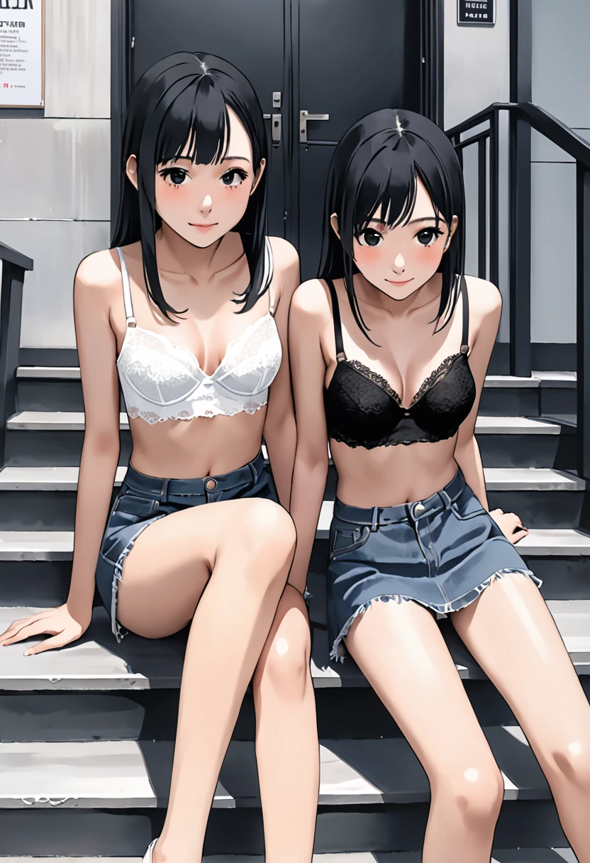 ((Highest quality, masterpiece, freak, Super Resolution)), ２People Girls、Sitting on the steps in front of the station、 Spread your legs、blush、from the front、Denim tight mini skirt、Black and white lace panties、 Black and white lace bra
