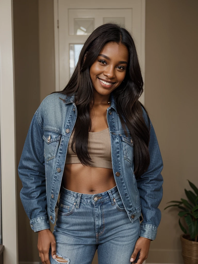 brown skin woman with long light brown hair wearing a white long sleeve tshirt, open abdomen, happy smile, black skin, upper body selfie, model pose, side stand, looking at the camera