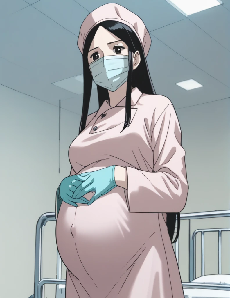 score_9,  score_8_up, score_7_up, source_anime, kasuganoray, pale skin, shy eyes, long hair, scrubs, surgical mask, surgical cap, long sleeve maternity gown,
1girl, pregnant, solo, rubber gloves, looking down, furrowed brow, hospital bed, standing