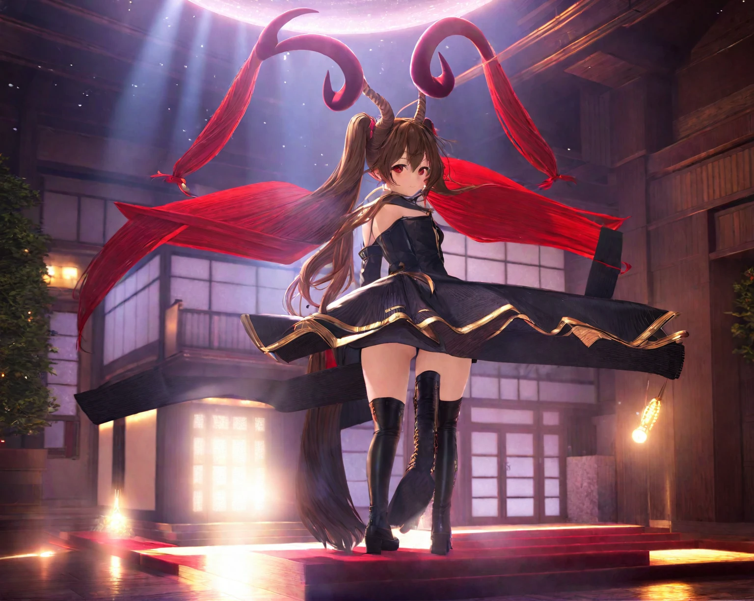 (hyper extreme detailed),(masterpeace),(hyper extreme),(photorealistic),CG,(colour:1.2), beautiful lighting,light from the front,rating:safe,solo, haruna,four horns,brown_hair,twintails,long_hair,red eyes,hair_ornament,zettai_ryouiki,thigh_boots,short_dress,wide_sleeves,black pants,