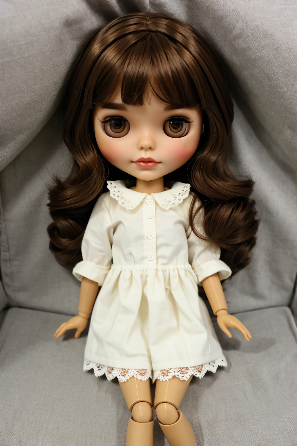 Blythe doll with short brown hair, frickles and brown eyes