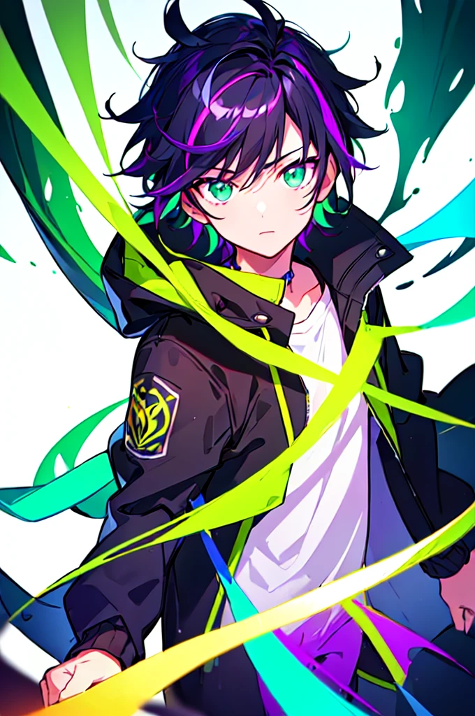 [(WHITE BACKGROUND:1.5),::5], ((((masterpiece)))), high quality, ultra very high resolution, full color, (((solo))), (()), black hair, ((purple streaked hair)), (green eyes), anime, ((upper body)), neon light, black parka, (green flame effect:1.2)