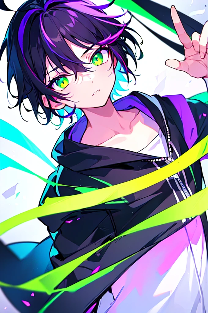 [(WHITE BACKGROUND:1.5),::5], ((((masterpiece)))), high quality, ultra very high resolution, full color, (((solo))), ((little boy)), black hair, ((purple streaked hair)), (green eyes), anime, ((upper body)), neon light, black parka, (green flame effect:1.2)