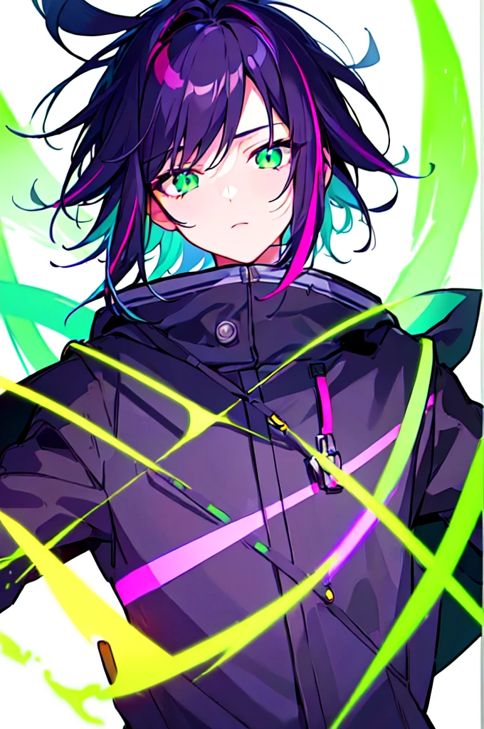 [(WHITE BACKGROUND:1.5),::5], ((((masterpiece)))), high quality, ultra very high resolution, full color, (((solo))), ((little boy)), black hair, ((purple streaked hair)), (green eyes), anime, ((upper body)), neon light, black parka, (green flame effect:1.2)