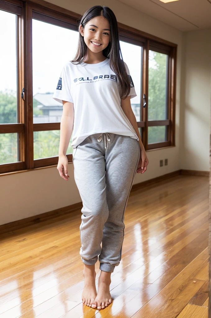A girl, 18yo, cute smile girl, ((thin body,oversized T-shirt)), (gray tracksuit bottoms), (((thick thighs))), medium, in wooden floor school gym, half open mouth, (standing, view from front), full body shot, (barefoot)