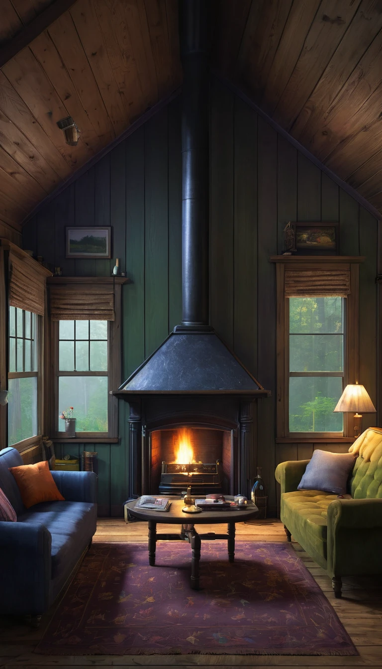 There is a fireplace in the living room,There is also a sofa and a table, Detailed painting inspired by Gregory Crewdson, Popular on polycount, The art of math, Cottage in the woods, Comfortable place, cabin interior, In the cabin, Photos of the witch's study, Country Style hippie, The forest can be seen through the large windows at night, Country Style