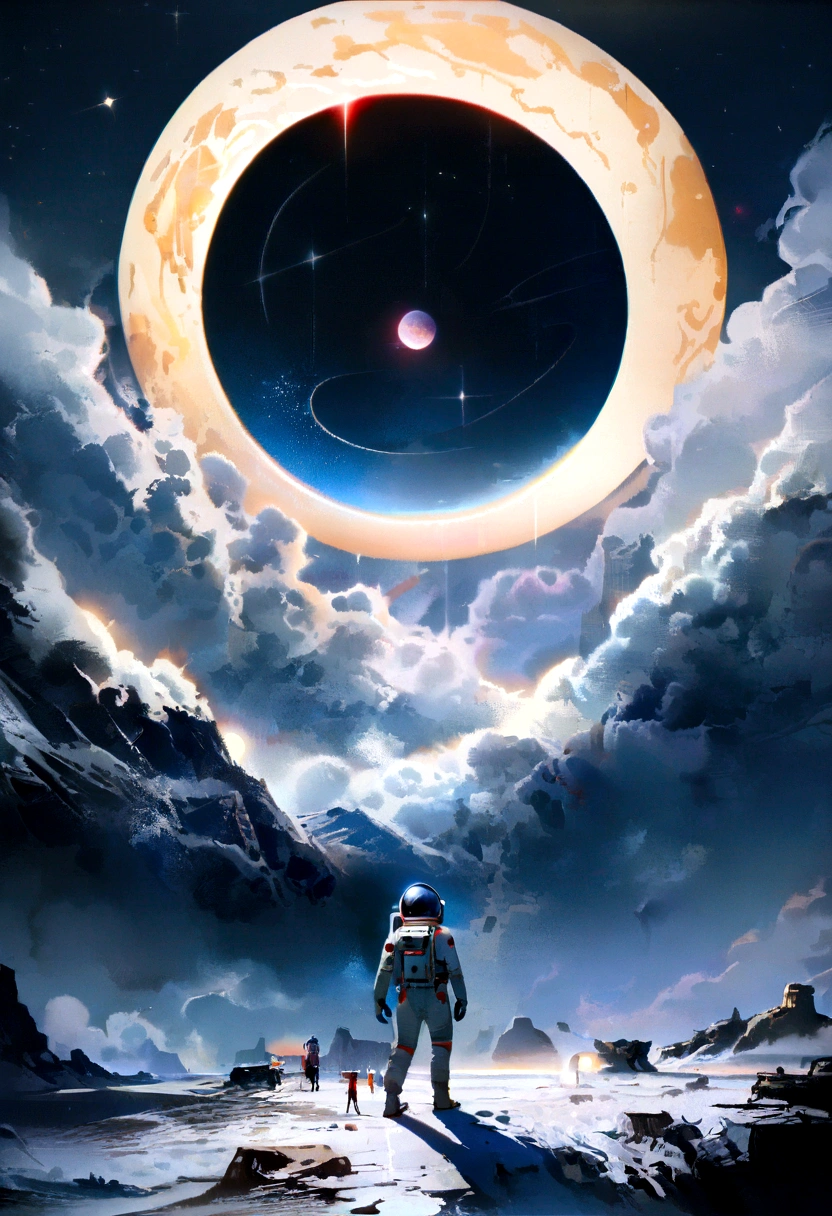 (best qualityer,4K,8K,A high resolution,work of art:1.2),(realisitic, fotorrealisitic, fotorrealisitic:1.37), astronaut floating in space, in the background we have a black hole and some stars, science fiction, Retro-futuristic technology,Starry fog,exploration,adventure,mystery,galactic environment,exalted,Heroin isolated,Interstellar travel,dramatic contrast,distant planets,majestic face,Sci-fi fashion,Smoke and fog effects,contrasting textures,timeless beauty