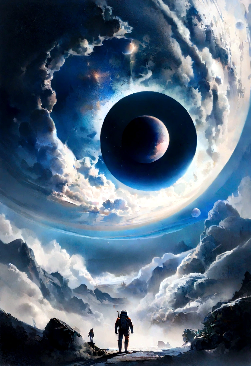 (best qualityer,4K,8K,A high resolution,work of art:1.2),(realisitic, fotorrealisitic, fotorrealisitic:1.37), astronaut floating in space, in the background we have a black hole and some stars, science fiction, Retro-futuristic technology,Starry fog,exploration,adventure,mystery,galactic environment,exalted,Heroin isolated,Interstellar travel,dramatic contrast,distant planets,majestic face,Sci-fi fashion,Smoke and fog effects,contrasting textures,timeless beauty