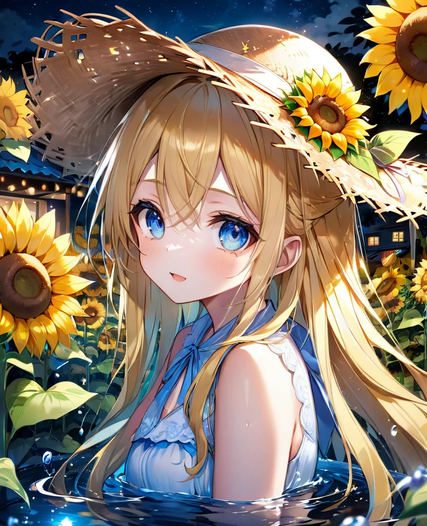 (masterpiece, best quality:1.2), (absurdres, highres, ultra-detailed), (perfect anatomy), 
Cute Girls、Straw hat、Lots of sunflowers、Blonde、Blue inner color、Fluffy longhair、Water-colored pupils、Sparkling、night、Flower Garden

(8K, RAW photo:1.2),detailed face and eyes,intricate detail ,masterpiece ,sharp focus, high quality,BREAK,rating: general, newest
