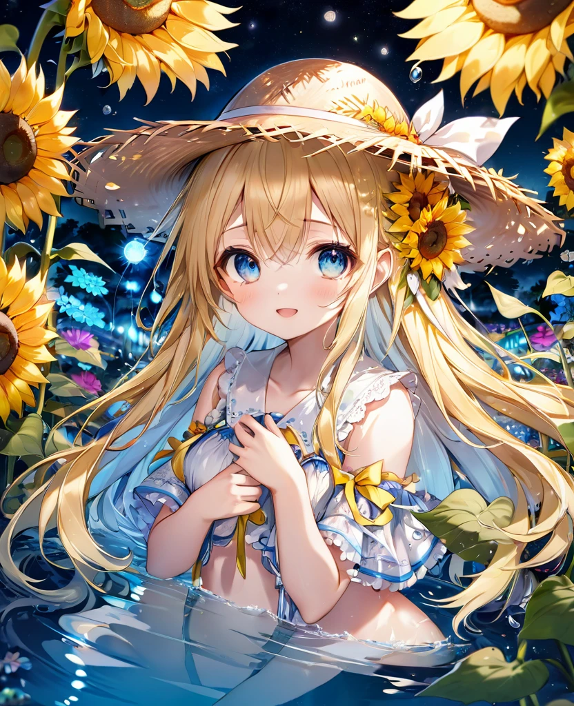 (masterpiece, best quality:1.2), (absurdres, highres, ultra-detailed), (perfect anatomy), 
e Girls、Straw hat、Lots of sunflowers、Blonde、Blue inner color、Fluffy longhair、Water-colored pupils、Sparkling、night、Flower Garden

(8K, RAW photo:1.2),detailed face and eyes,intricate detail ,masterpiece ,sharp focus, high quality,BREAK,rating: general, newest