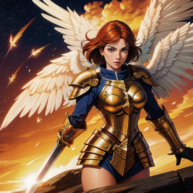 Strong angel with heavenly armor, with sword shield, seven wings, poised for battle  