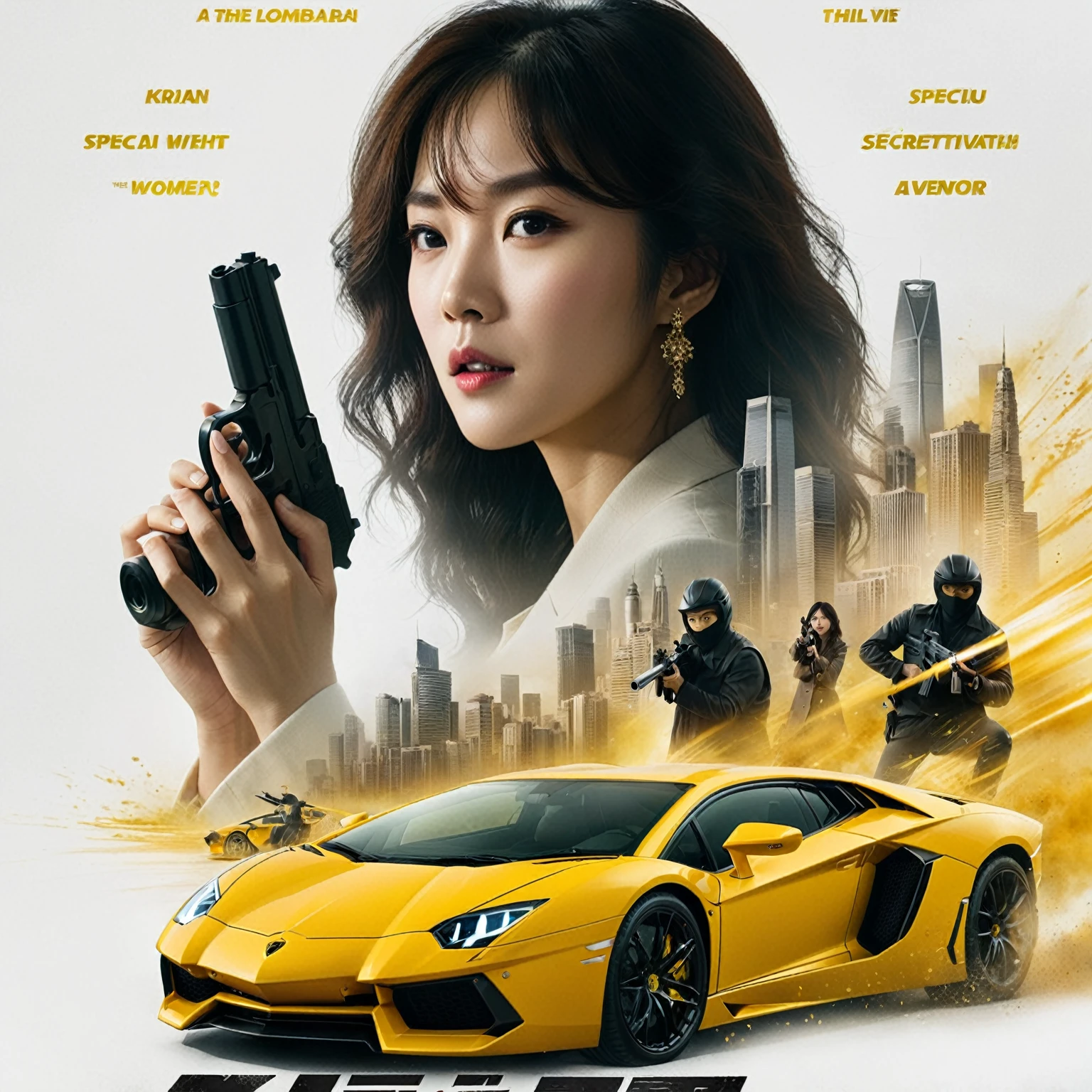 a poster for the movie's first korean drama, the woman with the gun, facing the camera, Yellow Lamborghini Aventador luxury car theft case, a car owned by a billionaire, thieves, detective, uncover theft, special secret agent, investigate, key character poster, 2024 korean action thriller film noir, promotional movie poster, cinematic action film, futuristic action film, concept art, white abstract background, UHD 1536px, realistic human, photorealistic, high quality.