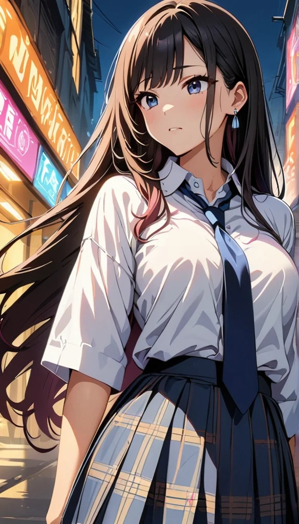 (highest quality:1.2, Anime artwork, Very detailed, High Detail, digital coloring, High Contrast, masterpiece:1.2, highest quality, Best aesthetics), (((kitagawa marin, 1 girl))), Black Hair, Straight long hair, Pink gradient hair, empty eyes, Earrings, White shirt, Black choker, Blue tie, Checked skirt, Pouting, slouch, Are standing, Cowboy Shot, bustling street, lift skirt myself,skirt lift,show panty,panty,lingerie,embrassing,lovestruck