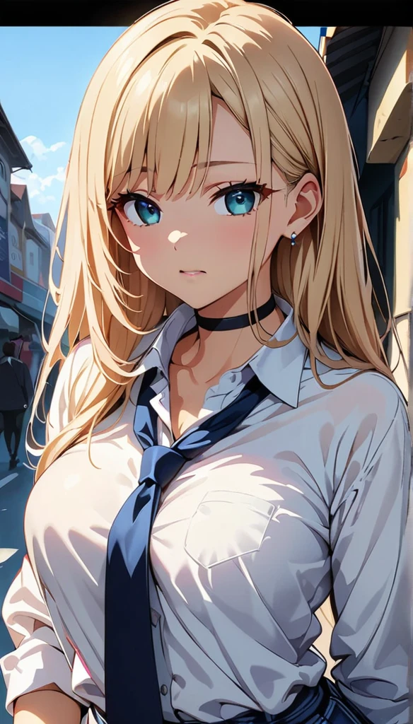 (highest quality:1.2, Anime artwork, Very detailed, High Detail, digital coloring, High Contrast, masterpiece:1.2, highest quality, Best aesthetics), (((kitagawa marin, 1 girl))), Black Hair, Straight long hair, Pink gradient hair, empty eyes, Earrings, White shirt, Black choker, Blue tie, Checked skirt, Pouting, slouch, Are standing, Cowboy Shot, bustling street,