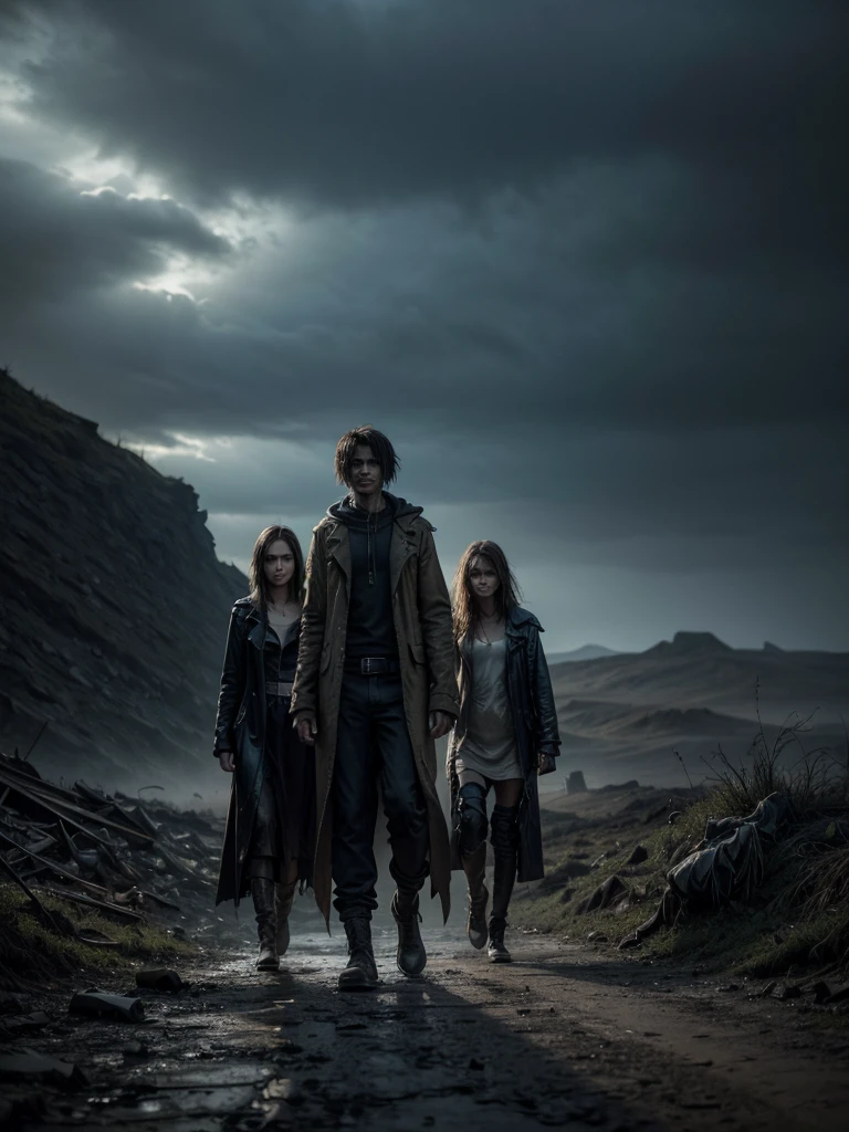 Create a digital matte illustration of a desolate and eerie landscape, where several figures wander through an abandoned valley under a gloomy, cloudy sky. Describe the atmosphere as that of a dark, apocalyptic fantasy, with colors and tones that reflect an environment of despair and mystery. Include elements such as old and decaying structures, half swallowed by the gloomy, twisted vegetation.
Detail humanoid figures, dressed in torn clothes and enigmatic expressions, walking in different directions, each seeming to carry a story of tragedy and desolation. Use textures and lighting to create a contrast between light and shadow, highlighting highlight areas and deep shadows that emphasize the dark tone of the scene.