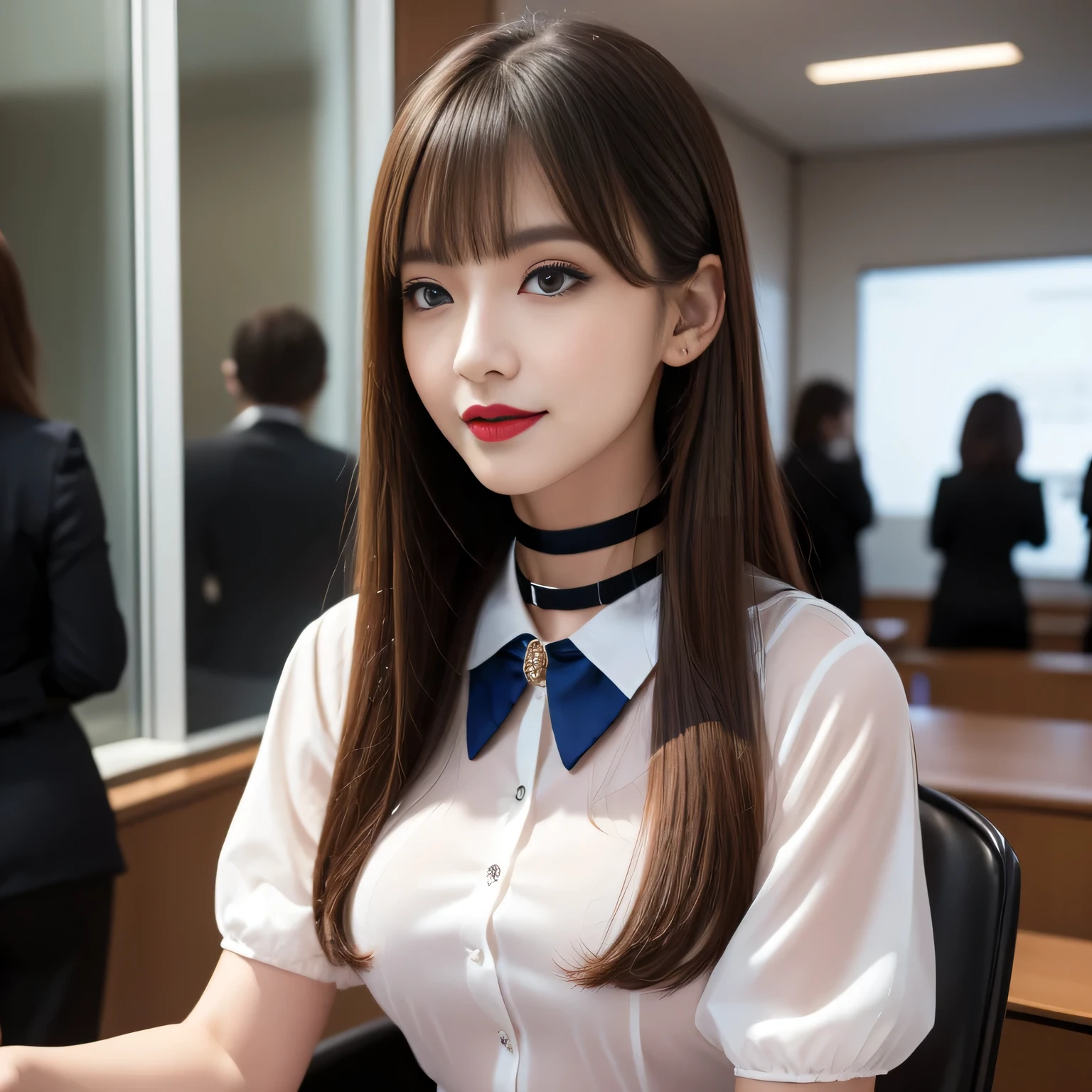 ((Highest quality, 8K, Representative works in detail, Ultra-high resolution)), (Looking at the audience), ((Female employees talking at Glass Square)), Attractive woman, ((Big Breasts)),  smile, ((Black Choker)), Slim figure, (blue eyes), Long eyelashes, bangs, Beautiful shiny brown hair, Nogizaka idol, Slim face、((business suit，uniform))、Dependents、Female Employees、((In a meeting))、Bright red lipstick、Elegant woman、Satin semi-transparent shirt，noble