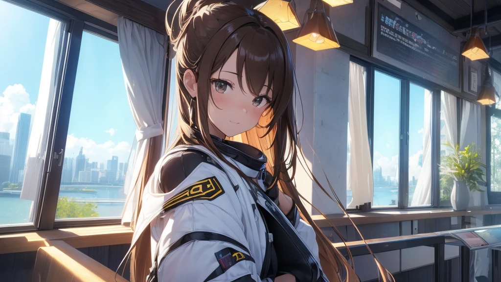 ((Highest quality)), (masterpiece)), (detailed: 1.4), 3d, An absurd solution, High resolution, (masterpiece: 1.4), 超detailed, Beautiful girl 1 person, future的な女性のイメージ, Shiny brown hair, Beautiful brown eyes, Beautiful Face, 20-year-old, Spaceship, floating, small, Spacesuit, Spaceship, window, future, Dynamic pose, Change of clothes