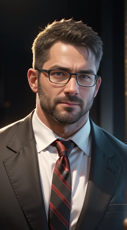 An award-winning original photo,A wild muscular man, (40 years old daddy:1.1), 1boy, Solo, (black suit), (white dress shirt), (red print necktie), (big shoulders), musculature, stubbles, Short beard, Beautiful eyes:1.3, ), (Detailed face:1.3), wearing glasses, smiles, Dynamic Angle, volumetric lighting, (Best quality, A high resolution, Photorealistic), Cinematic lighting, Masterpiece, RAW photo, Intricate details, hdr, depth of field, upper body shot