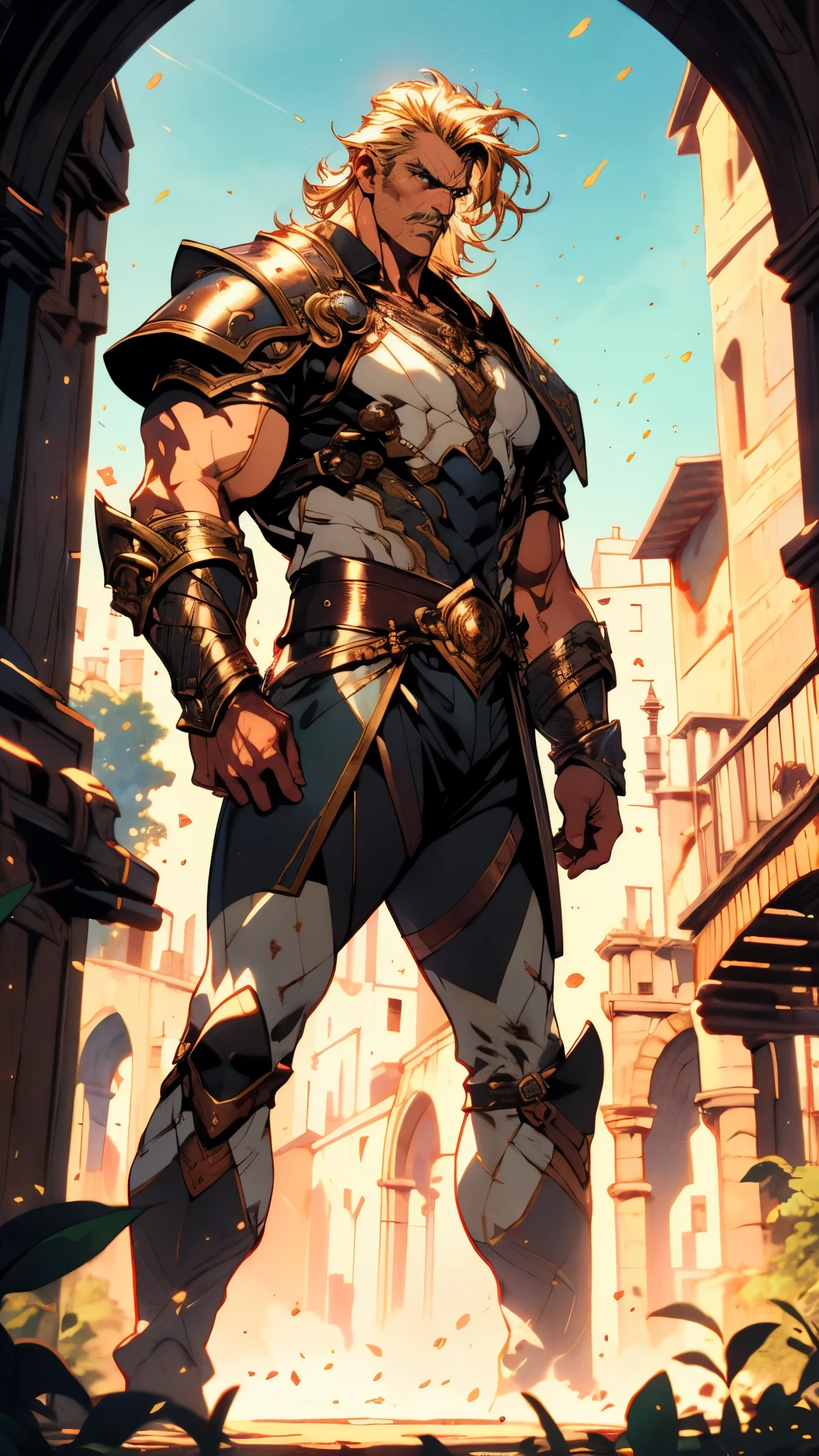 (masterpiece:1.2, best quality, extremely delicate, perspective, foreshortening, dynamic angle), a middle-aged man with slicked-back golden hair, a dignified face, deep eyes, a mustache on his upper lip, a focused expression, tall and muscular, covered in scars, fantasy-reality style warrior leather armor, ribbons tied around his arms, black iron bracers, dark cargo pants, standing guard in front of a fortress gate, this character embodies a finely crafted fantasy-realist style warrior in anime style, exquisite and mature manga art style, dramatic, high definition, highres, ultra-detailed, ultra-fine painting, professional, perfect body proportions, golden ratio, anatomically correct, symmetrical face, extremely detailed eyes and face, high quality eyes, creativity, RAW photo, UHD, 32k, Natural light, cinematic lighting, masterpiece-anatomy-perfect
