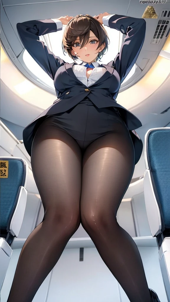 Beautiful tall flight attendant with long legs and huge breasts standing on an airplane, seen from below, pantyhose, short hair