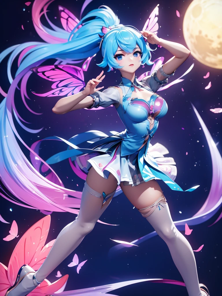 Seizo Watase style, Simple Line Initialism,Abstract art, 3d character, colorful hearts ,(((The most beautiful girl of all time))), (full body 1.2), only girl, long hair, bufferfly and sky background, 25 year old, full body, (((8k))), (((3d)), blue and pink hair, Large butterfly wings on the back, moon, ballet dance, one hand raised above