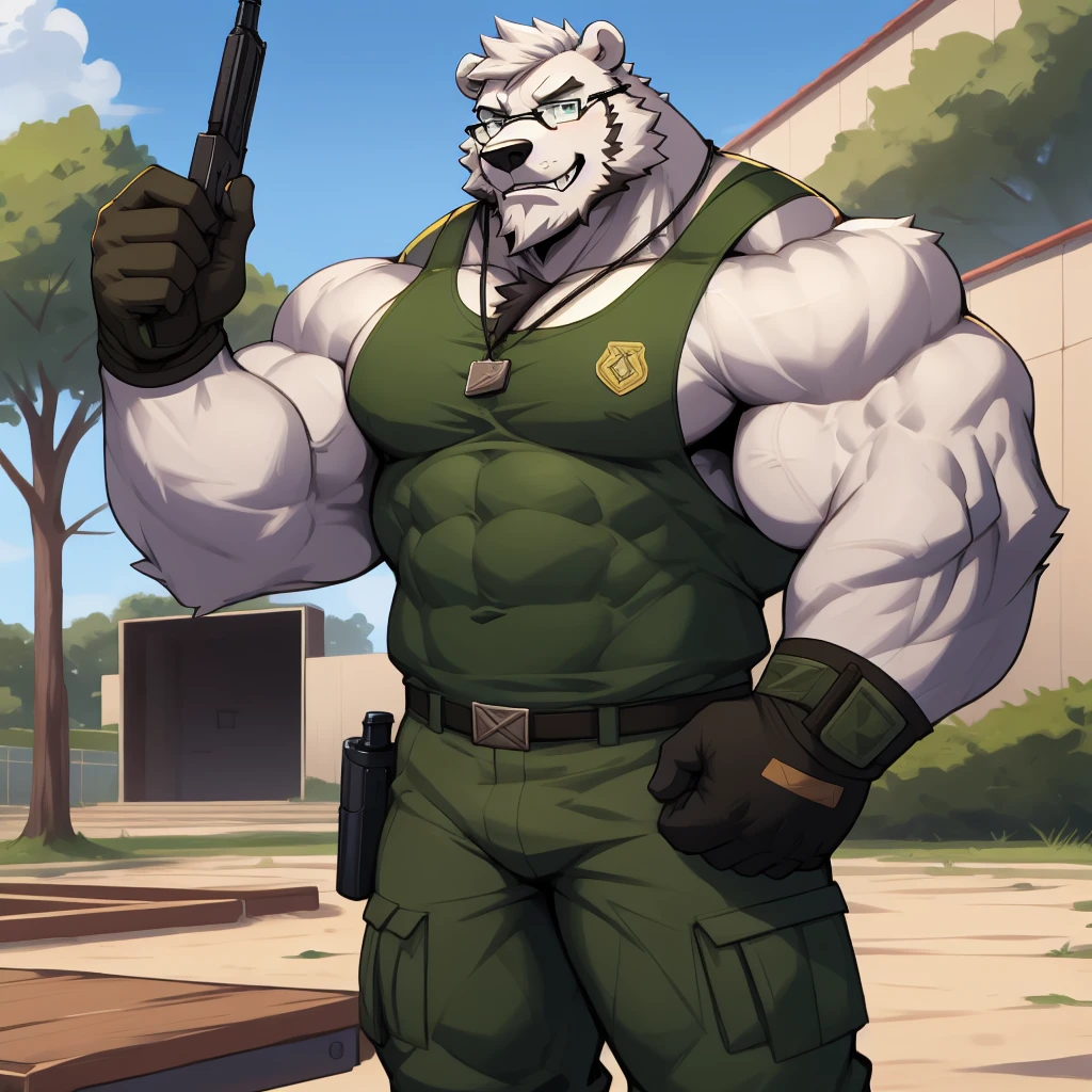 solo, 1boy, Huge Muscular White Polar Bear wearing glasses, huge white fur, pectoral, huge pectoral, wide pectoral, short white hair, green army tank top, green military pants, black wristbands and army boots, bearded, white Mustache, white fur, tooth necklace, military training ground background, masterpiece, high detailed, 8k, high resolution, at the training academy, gun shooting range practice