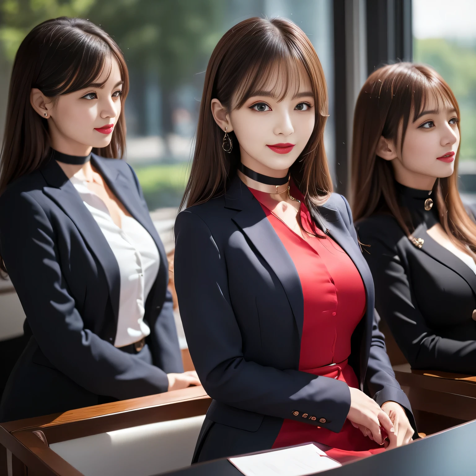 ((Highest quality, 8K, Representative works in detail, Ultra-high resolution)), (Looking at the audience), ((Female employees talking at Glass Square)), Attractive woman, ((Big Breasts)), smile, ((Black Choker)), Slim figure, (blue eyes), Long eyelashes, bangs, Beautiful shiny brown hair, Nogizaka idol, Slim face、((business suit,uniform))、Dependents、Female Employees、((In a meeting))、Bright red lipstick、Elegant woman、Satin semi-transparent shirt,noble