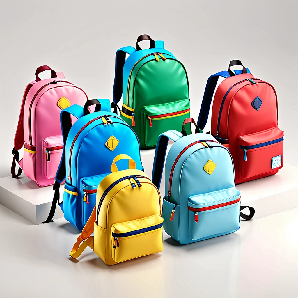 children's school bags, on white background, high-angle photo, soft light, 3d render, wide angle shooting, raw