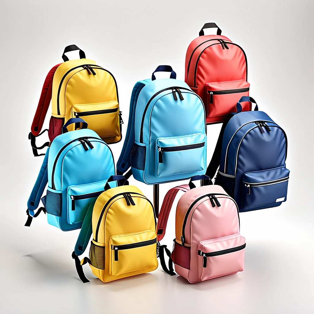 children's school bags, on white background, high-angle photo, soft light, 3d render, wide angle shooting, raw