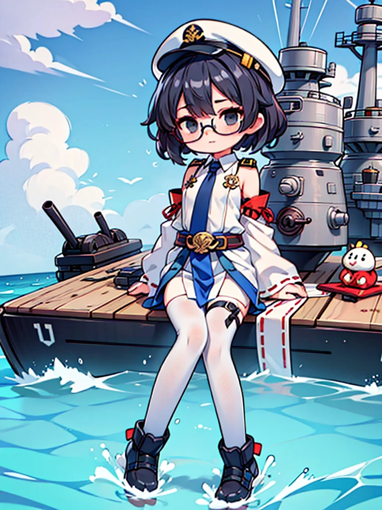 ((((Full body of a woman with perfect flat chest、solo、Short unkempt black hair、Tie your messy hair at the nape of your neck、white military jacket、Miko costume、tights、Black glasses、White military cap、Cloudy black eyes、Confused eyes、Eyes Beginning to Open、Junyo hair accessories)))), (((masterpiece))), (((Shipgirl))), ((Floating on the morning sea with both feet)), (Spread your legs wide open), (Hold the turret grip with your right hand), (Mechanical arms extending from the waist are used to equip the ship with battleship equipment.), (Equipped with a turret on the back), (Holds a triple turret on the left arm), Shotgun belt on thigh, Spreading the Machine's Wings, Machine tail,