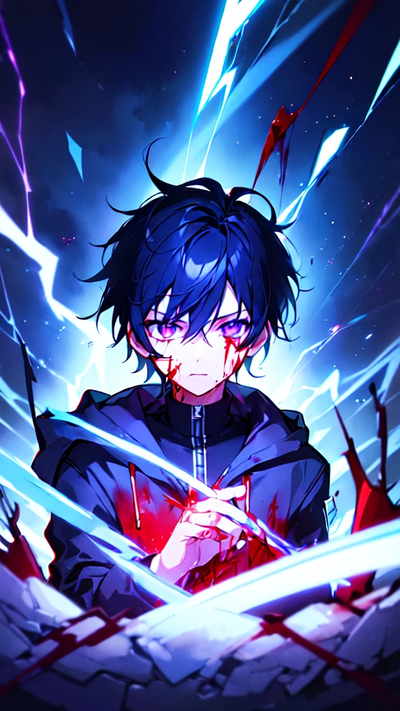 [(BLACK BACKGROUND:1.5),::5], ((((masterpiece)))), high quality, ultra very high resolution, full color, (((solo))), (()), black hair, ((blue colored inner hair)), ((purple eyes)), anime, ((upper body)), neon light, black parka, (lightning effect:1.2), (Blood effect:1.5)