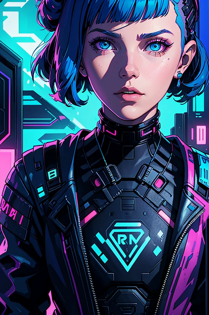 a digital painting of Millie Bobby Brown with blue hair, cyberpunk art by Josan Gonzalez, behance contest winner, afrofuturism, synthwave, neon, glowing neon