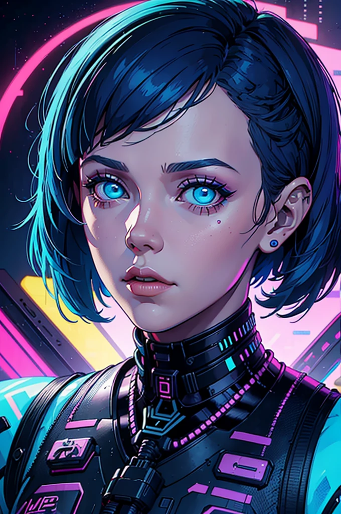 a digital painting of Millie Bobby Brown with blue hair, cyberpunk art by Josan Gonzalez, behance contest winner, afrofuturism, synthwave, neon, glowing neon