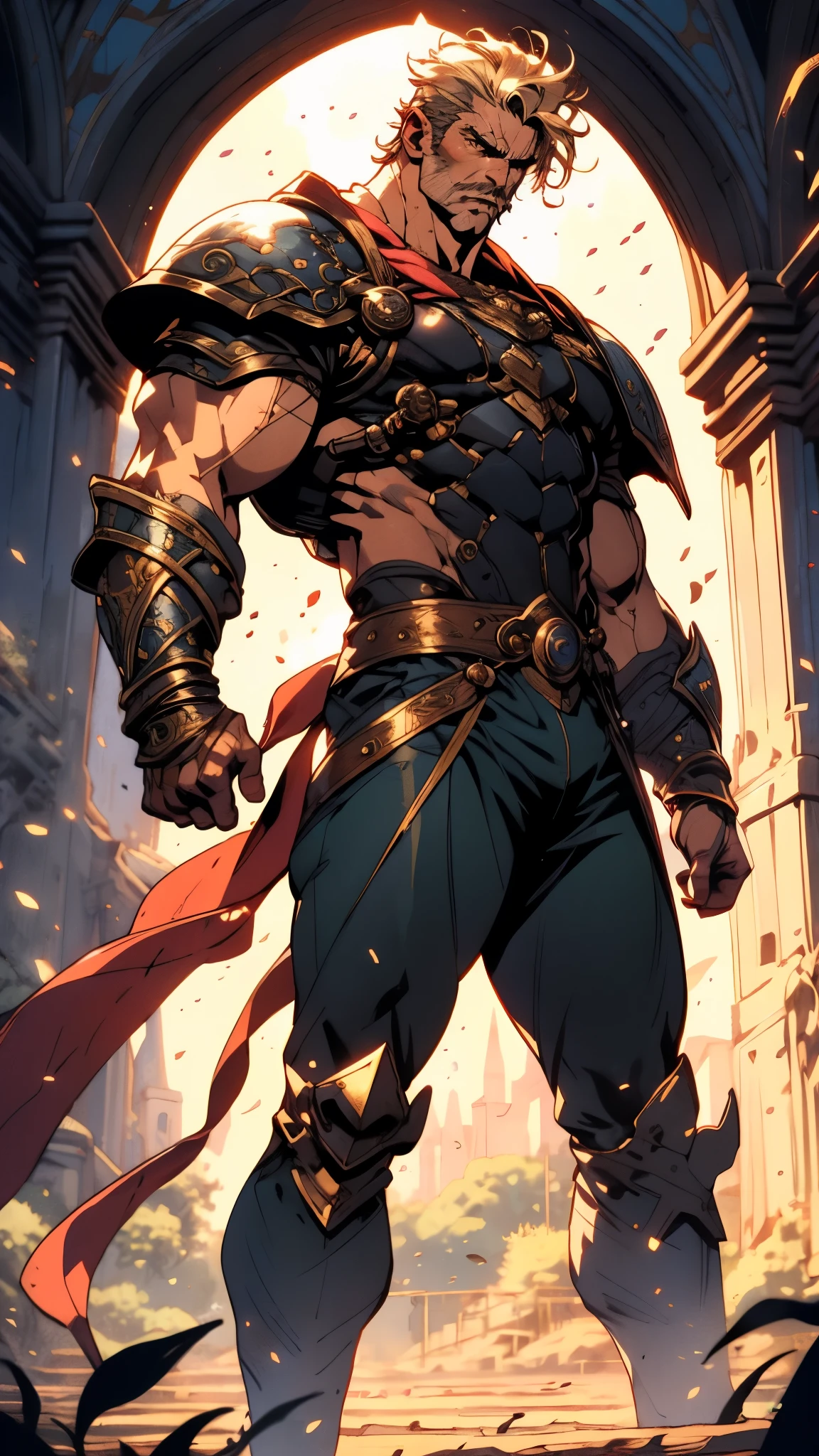 (masterpiece:1.2, best quality, extremely delicate, perspective, foreshortening, dynamic angle), a middle-aged man with slicked-back golden hair, a dignified face, deep eyes, a mustache on his upper lip, a focused expression, tall and muscular, covered in scars, fantasy-reality style warrior leather armor, ribbons tied around his arms, black iron bracers, dark cargo pants, standing guard in front of a fortress gate, this character embodies a finely crafted fantasy-realist style warrior in anime style, exquisite and mature manga art style, dramatic, high definition, highres, ultra-detailed, ultra-fine painting, professional, perfect body proportions, golden ratio, anatomically correct, symmetrical face, extremely detailed eyes and face, high quality eyes, creativity, RAW photo, UHD, 32k, Natural light, cinematic lighting, masterpiece-anatomy-perfect