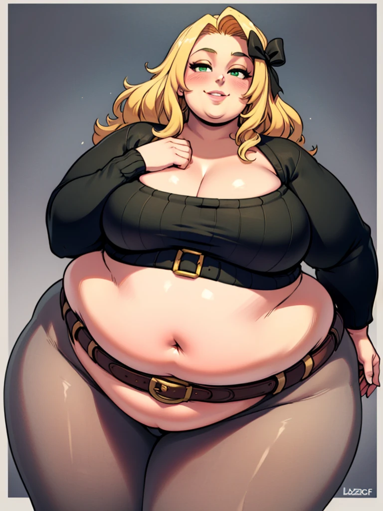 high_aesthetic,art by Lazorchef, ((Masterpiece, best quality, perfect lighting, amazing shading)), perfect anatomy, field of depth, extremely beautiful, long blonde hair, hair ribbons, green eyes, ribbed sweater, pantyhose, cute smile, ((immobile)), (wide_hips), [belt], blushing, (cowboy shot), (cute pose), simple background