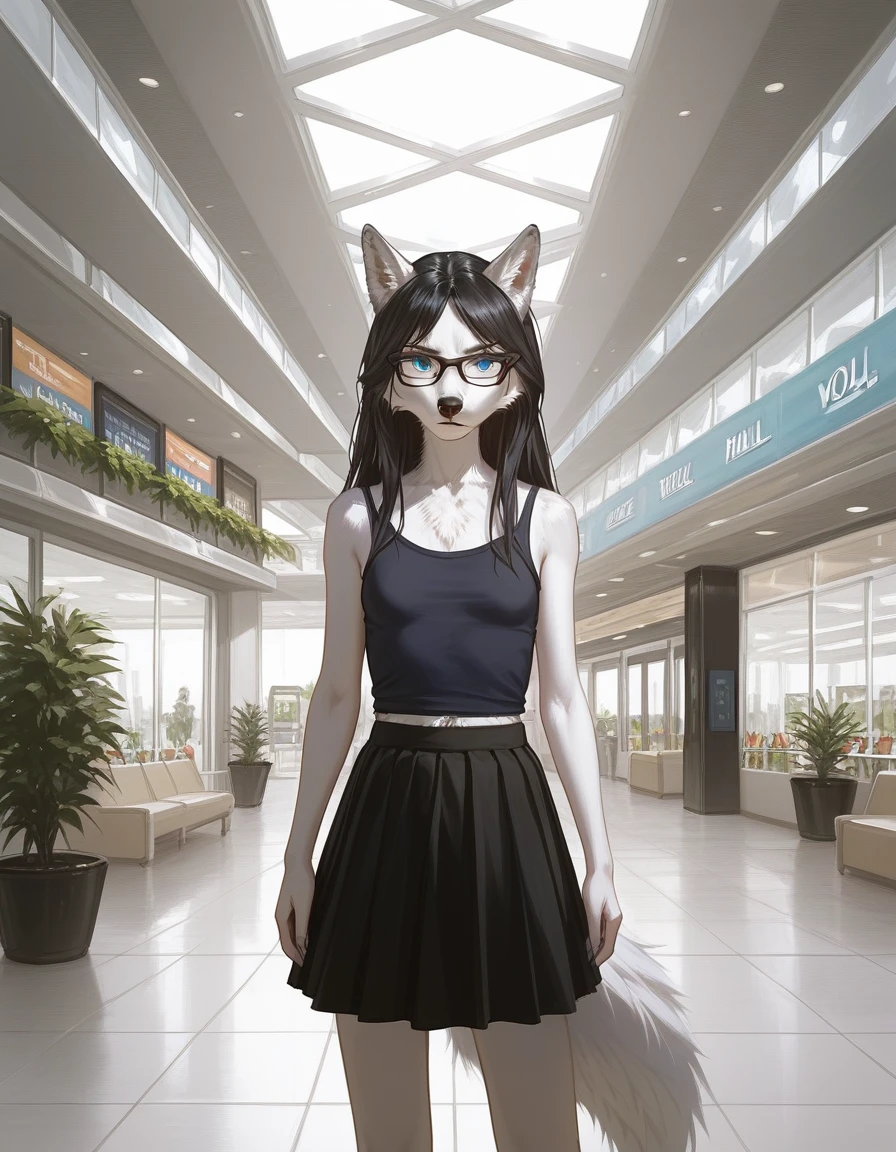 Solo, score_9,score_8_up,score_7_up, (a young nerdy Anthro furry wolf woman, wolf snout, black nose, white furry body, white fur, detailed fur, tall, long black hair, straight black hair, white wolf tail, blue eyes, black glasses, white wolf ears, white wolf tail, small breasts, wearing white trendy shirt, black skirt), standing, outdoors at a mall, front view, pouting,