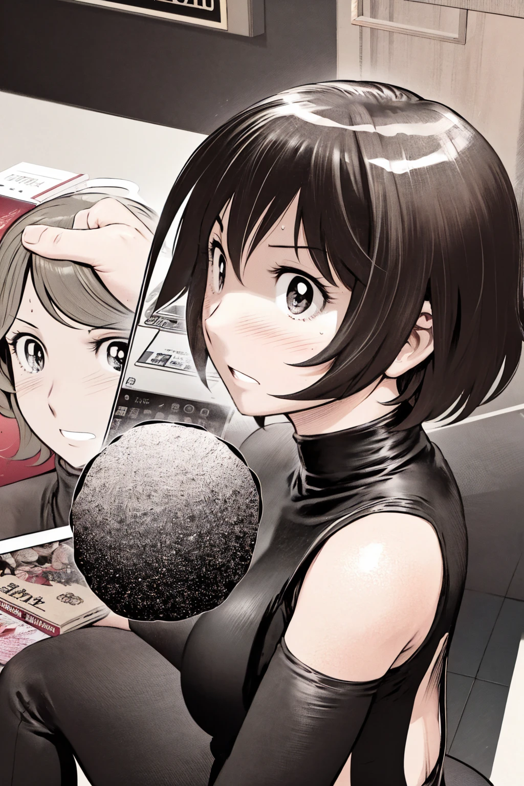 、(masterpiece、Highest quality)、Highest quality, Ultra-high resolution, (((masterpiece))), alone, Sweat、Big eyes,office、Tight white dress shirt、Tight black suit、Tight black pants、indoor、Composition from the front、(Cut the back hair short、short hair、blonde、woman)、Shortcuts、Embarrassed face、Cut your hair short、可愛いwomanの子、Big Breasts、Sit on a chair、Face to face、Composition from the front、View your viewers