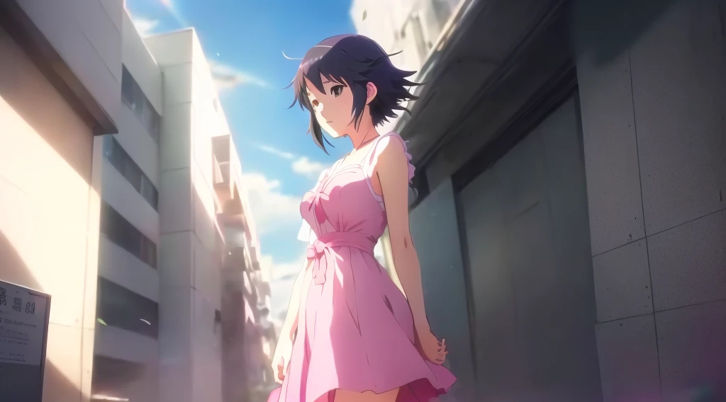 Anime girl in a pink dress standing in front of a building, Anime movie screenshots, ( ( makoto shinkai ) ), Anime still film Anime colored paper, makoto shinkai. —h 2160, Anime movie stills, Today&#39;s featured anime is still, Kyoto Animation stills, From the TV anime, makoto shinkai. Octane Rendering