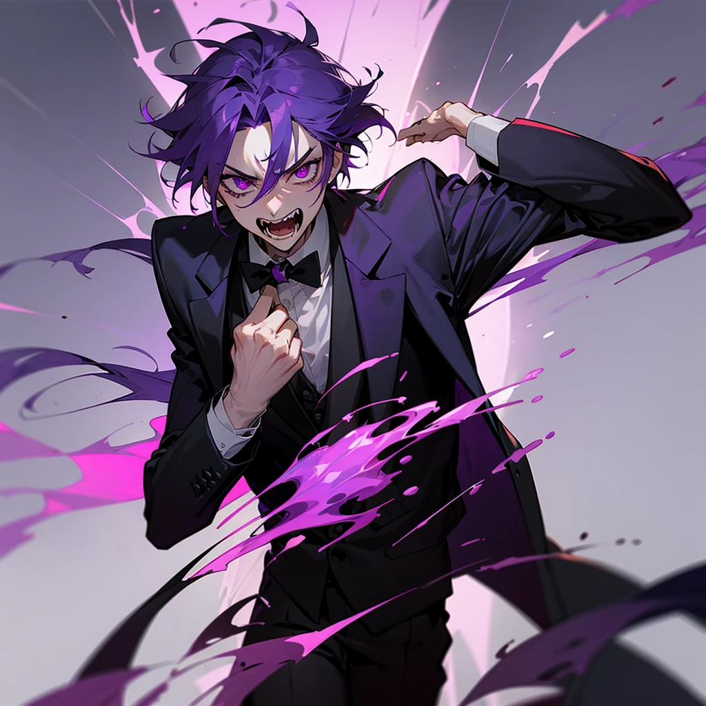 Extreme scenemy of a man with purple hair, purple eyes and a tuxedo stained in blood, screaming, desperate, Purple fire behind